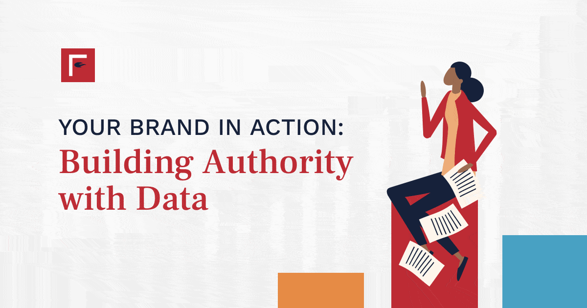 image of woman on graph with animated sparkles above her hand and text stating Your Brand in Action: Building Authority with Data